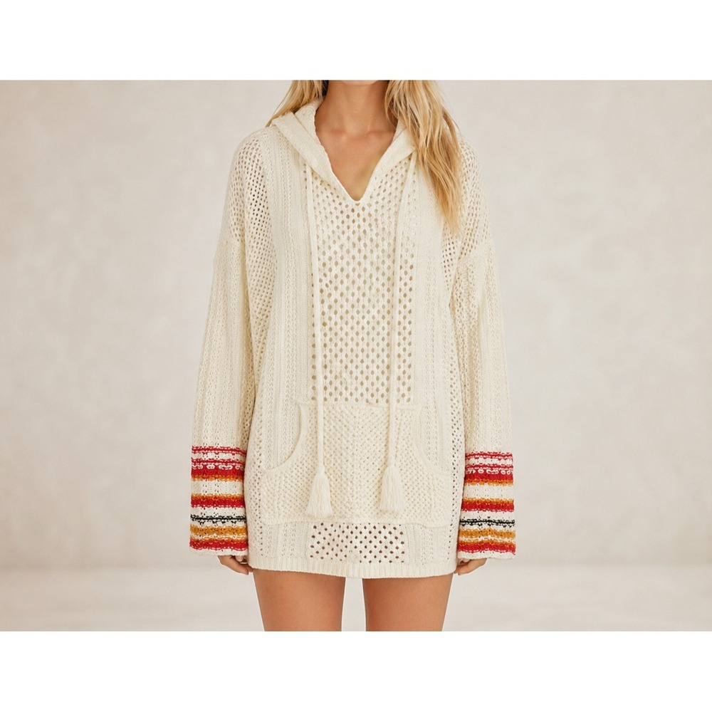 BKE Knit Hoodie Sweater Indie Western Tassel Cozy Beach Cover Up Layering SZ Lg